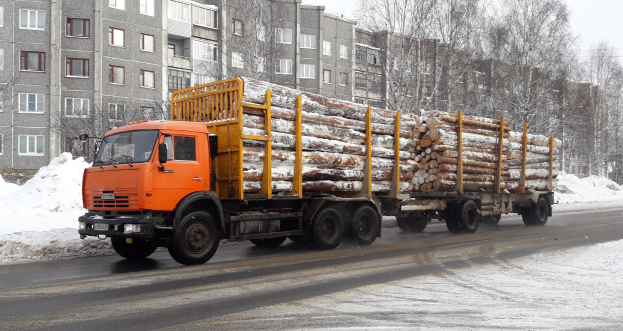 Ein Holzlaster fährt auf einer schneebedeckten Straße mit Bäumen und Gebäuden im Hintergrund unter einem klaren Himmel.