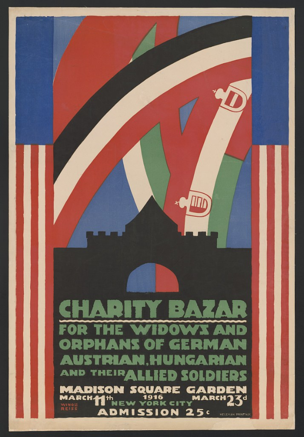 Charity-Bazar-Plakat für Witwen und Waisen deutscher, australischer, ungarischer und alliierter Soldaten, mit Ereignisinformationen im Text.