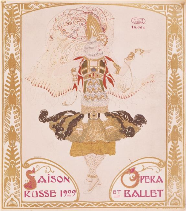 Plakat für eine 1909er Pariser Ballettvorstellung mit dem Titel "Saison Russe", das eine gemalte Tänzerin in einer anmutigen Pose mit der Aufschrift "Opera et Ballet" darüber zeigt.