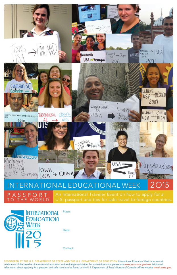 Plakat für die Internationale Bildungswoche 2015, das eine Gruppe von Menschen zeigt, die lächeln und Schilder mit eventbezogenen Texten halten.