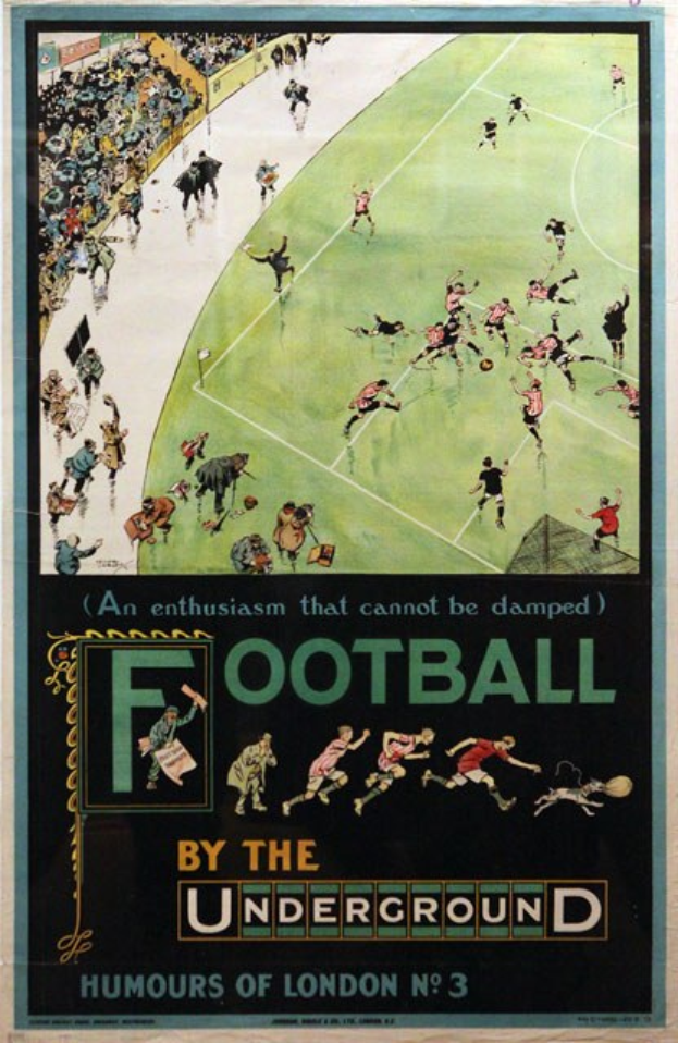 Plakat, das Zuschauer bei einem Fußballspiel in einem Stadion zeigt, betitelt mit "Fußball unter der Erde - Londoner Humor Nr. 3."