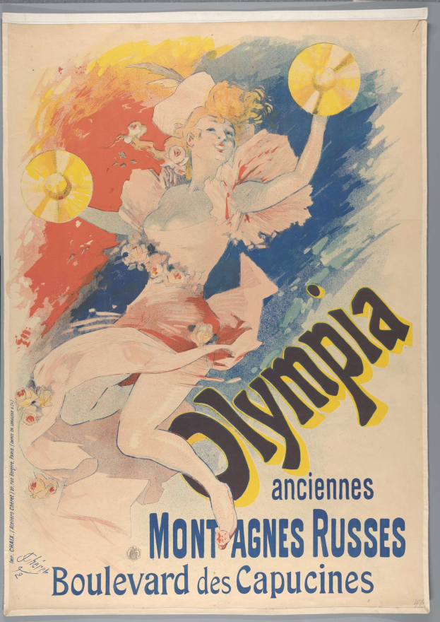 Plakat für die Olympischen Spiele in Mont-Agnes-Russes, Frankreich, das eine Frau in einem bunten Kleid zeigt, die einen Fächer hält, und Text, der das Ereignis beschreibt.