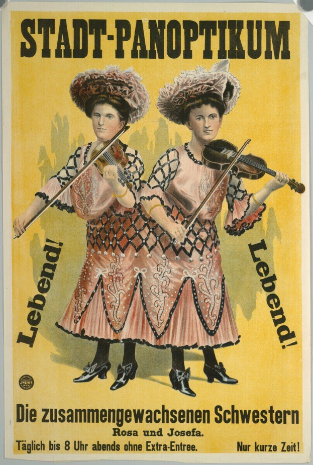 Alter deutscher Propagandaplakat mit zwei Frauen, die Geigen spielen, begleitet von Text.