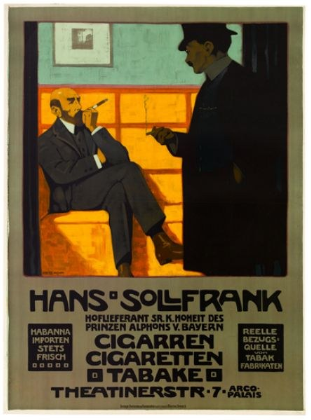 Ein Plakat mit dem deutschen Schauspieler Hans Solfrank, der auf einem Sofa sitzt und eine Zigarette raucht, in einem schwarzen Anzug und einem weißen Hemd, vor einem hellblauen Hintergrund mit dem Text "Hans SolFrank".