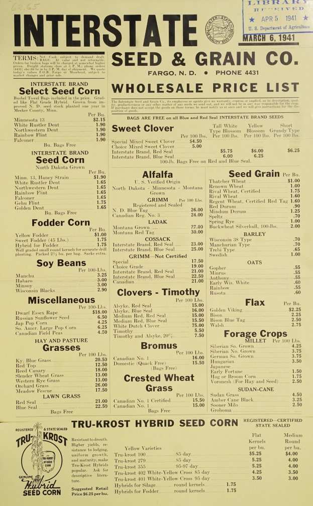 Papier mit der Überschrift "Interstate Seed & Grain Co. Wholesale Price List" und einem Logo oben drauf, das eine handgeschriebene Einkaufsliste enthält.