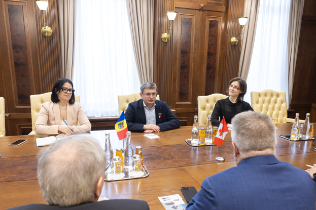 Eine Gruppe von Menschen sitzt um einen Holztisch in einem formellen Setting und diskutiert mit EU-bezogenen Materialien auf dem Tisch.