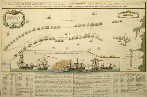 Eine Karte der britischen und spanischen Flotte im Mittelmeer auf einem Blatt mit Textdetails und mehreren Schiffen im Hintergrund.
