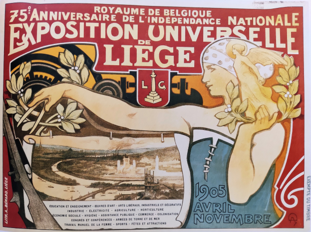 Plakat zum 75. Jubiläum der Nationalen Ausstellung Universitaire de Liège, das eine Frau mit einem Blumenstrauß zeigt und Text mit Veranstaltungseinzelheiten.