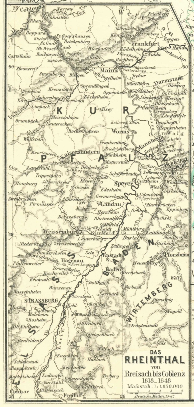 Alte detaillierte Karte des Rheins in Deutschland mit Text oben und unten, die Flüsse, Städte und Gewässer zeigt.