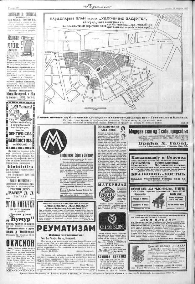 Schwarze und weiße Zeitung mit einer Stadtkarte, Text und Bildern.