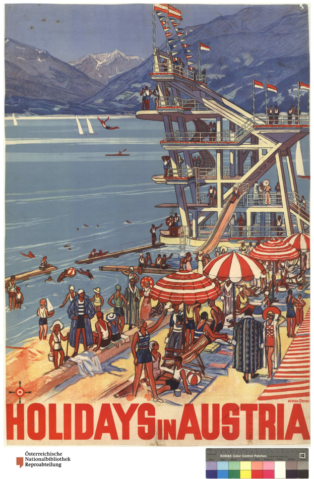Plakat für Urlaube in Österreich mit Menschen am Strand mit Schirmen, einem Schiff im Hintergrund, winkenden Flaggen, entfernten Bergen und Text.