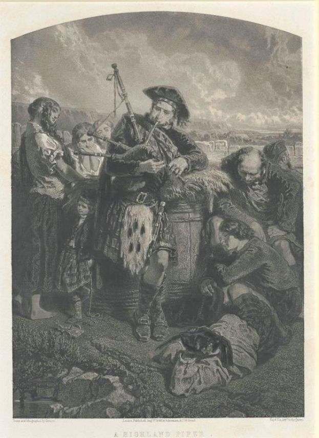Schwarz-weißes Gravur eines Mannes, der vor einer Gruppe von Menschen eine Dudelsack spielt, mit einem bewölkten Himmel im Hintergrund und der Inschrift "A Highland Pipe" unten.