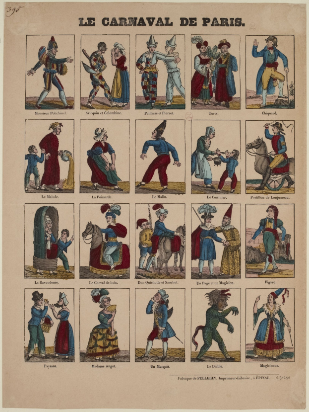 Ein bedrucktes Blatt mit leuchtenden Bildern von Menschen in kunstvollen, farbenfrohen Kostümen vom Pariser Karneval, darunter Federschmuck und detaillierte Kopfschmuckstücke, mit fetter Festivaltype.