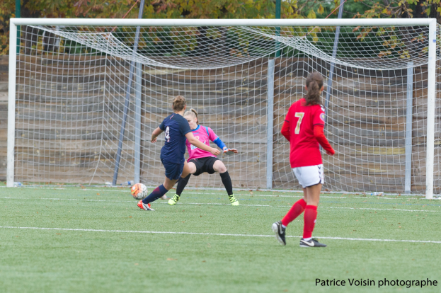 Gruppe von Frauen, die Fußball auf einem Rasenfeld mit Bäumen im Hintergrund und einem Torpfosten spielt.