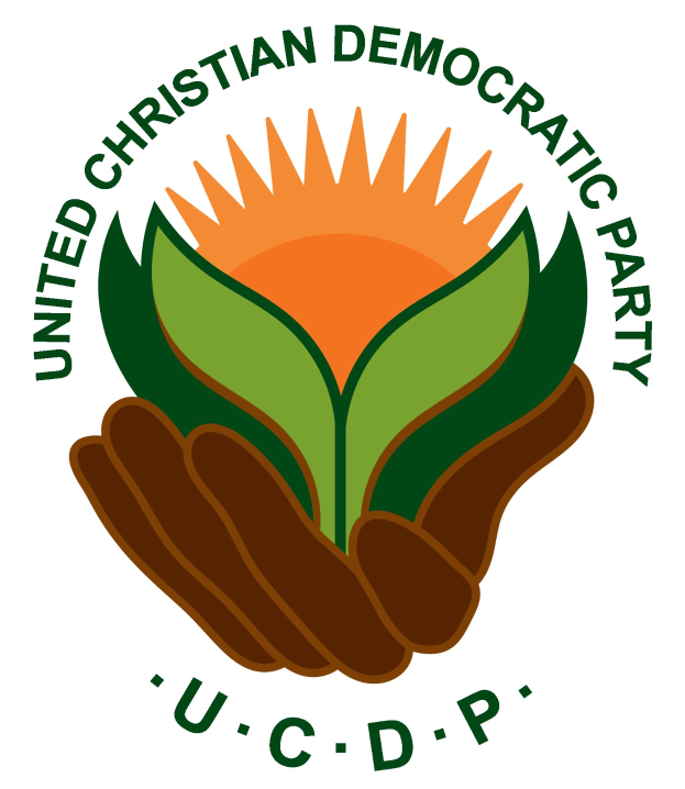 Logo der Vereinigte Christdemokraten (UCDP): eine Hand, die eine leuchtend gelbe Blume mit grünem Stiel und Blättern hält, zentriert innerhalb eines blauen und gelben Kreises auf einem weißen Hintergrund, mit "UCDP" in fetter schwarzer Schrift darunter.