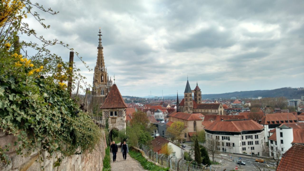 Gruppe von Menschen, die einen Weg neben einer Steinmauer mit Grünpflanzen, Gebäuden, Bäumen und Fahrzeugen im Hintergrund unter einem bewölkten Himmel entlanggehen.