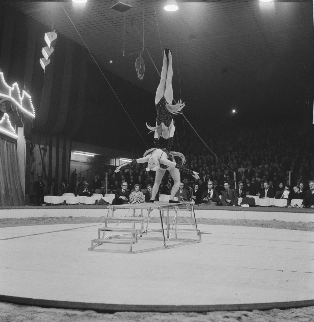 Zwei Akrobaten performen auf einer von Deckenleuchten beleuchteten Bühne, mit einem sitzenden Publikum im Hintergrund.