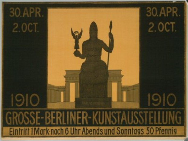 Ein Plakat mit einer Statue vor einem Gebäude, mit Text und Zahlen, wirbt für die Berliner-Kunstausstellung.