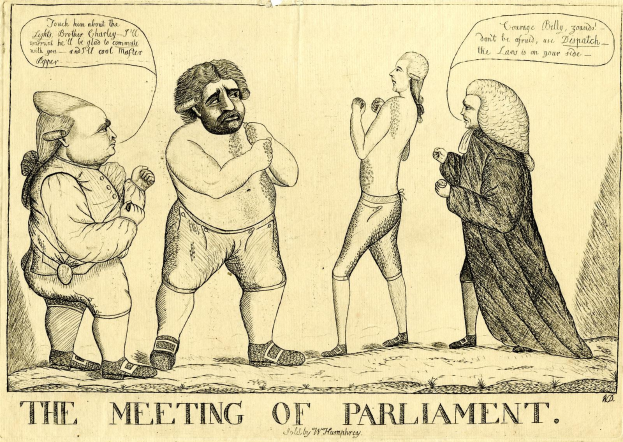 Eine Zeichnung von drei Personen, die diskutieren, mit einer Person, die lebhaft gestikuliert, beschriftet mit "Die Parlamentssitzung" darunter.