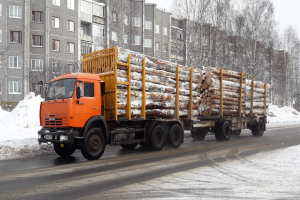Ein Lastwagen mit Holz fährt auf einer verschneiten Straße mit Bäumen, Gebäuden mit Fenstern und einem klaren Himmel im Hintergrund.