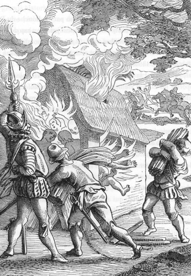 Schwarz-weiß-Radierung von Männern im Mittelalterkostüm aus dem 16. Jahrhundert, einer hält ein Schwert in der Hand, im Hintergrund ein brennendes Haus und aufsteigender Rauch.