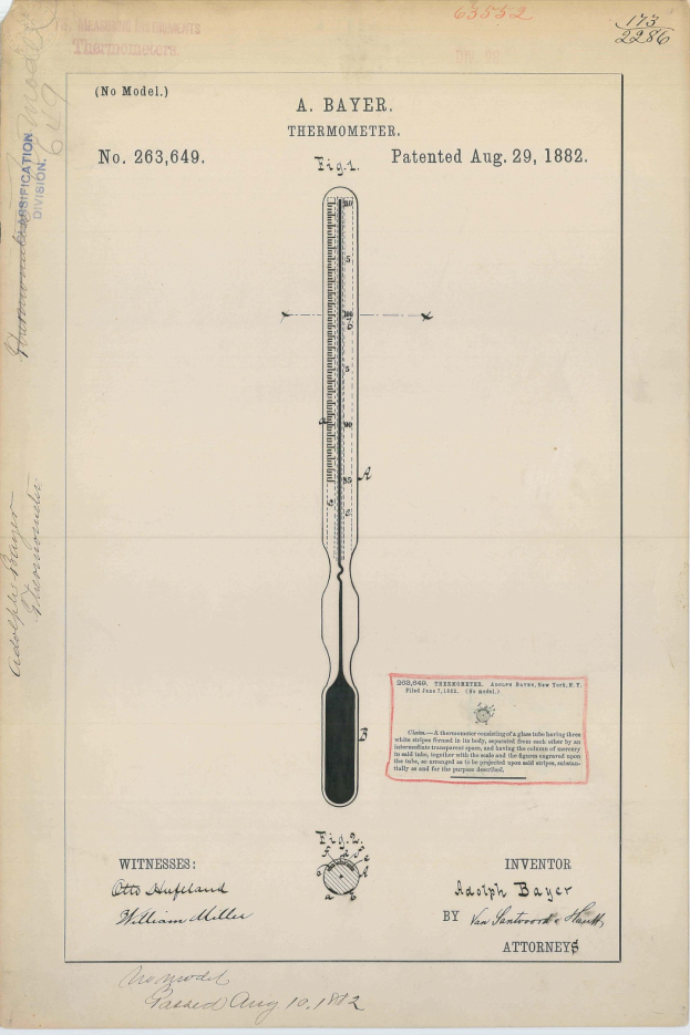 Ein altes Buch mit einer Abbildung eines Thermometers, das mit "Bayer Thermometer Patent No. 263,649" beschriftet ist.