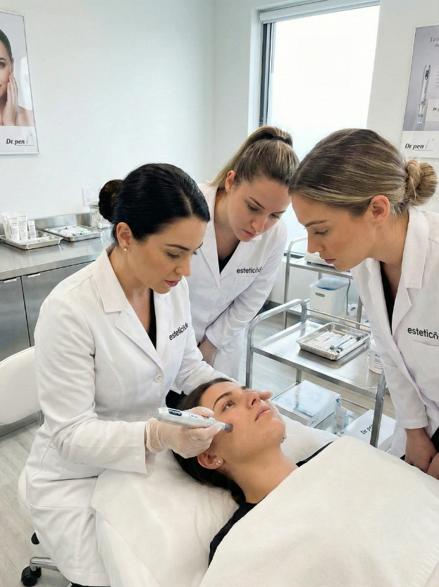 Ein klinisch anmutender Behandlungsraum: Drei Fachkräfte in weißen Kitteln führen konzentriert eine professionelle Gesichtsbehandlung durch. Die Atmosphäre vermittelt Präzision, Expertise und den Einsatz fortschrittlicher Hauttechnologien in einer sterilen Umgebung.