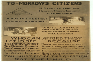 Ein Plakat mit Text und Bildern von Menschen, darunter einer, der ein Fahrrad fährt, mit der Aufschrift "Morgen's Citizens: A Boy in the Street is a Boy of the Street".