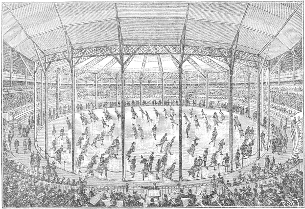 Schwarze und weiße Illustration einer überfüllten Arena, die ein Eishockeyspiel während der Olympischen Spiele in London, England, ausrichtet, mit sichtbaren Zuschauern und Spielern.