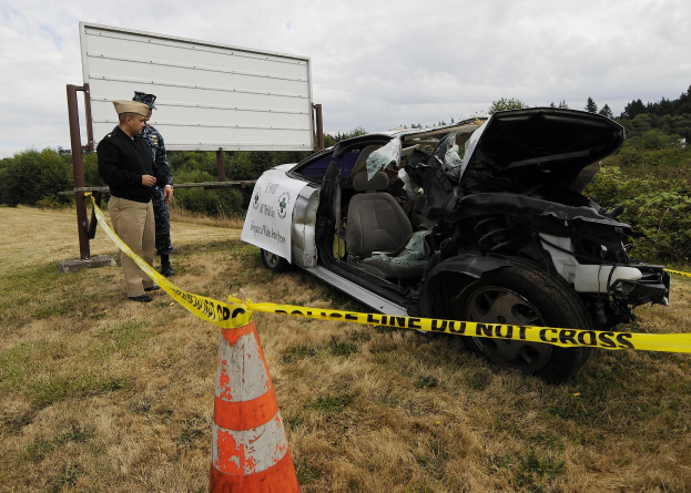 Polizeibeamter in Uniform steht neben einem schwer beschädigten Auto am Straßenrand mit eingedellter Haube und zersplitterten Fenstern, neben einem Verkehrskegel und einem markierten Pfahl, mit Bäumen und einem bewölkten Himmel im Hintergrund.
