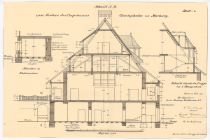 Schwarze-weiß-Zeichnung eines Hauses mit zahlreichen Fenstern und einem Dach, beschriftet als erstes Haus in Deutschland, begleitet von detaillierten Bauplänen und Text.