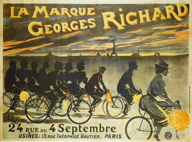 Plakat, das ein Fahrradrennen in Paris, Frankreich, ankündigt, mit einer Gruppe von Radfahrern und dem Eiffel-Turm im Hintergrund, mit Texten zu den Einzelheiten des Ereignisses.