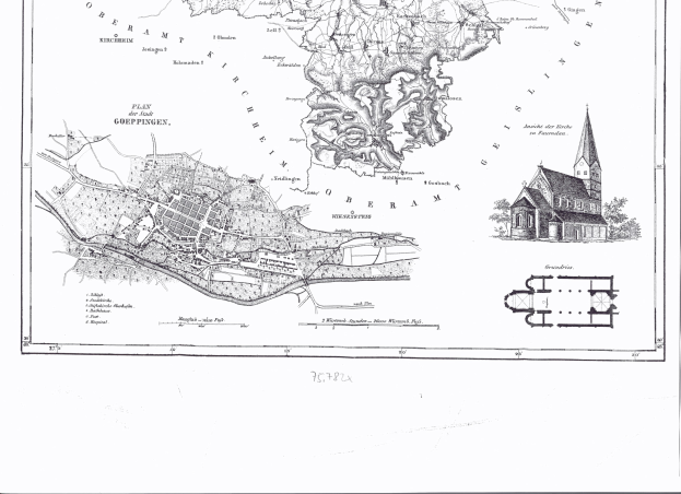 Eine schwarz-weiße alte Karte von Hamburg, Deutschland, mit einer Kirche in der Mitte und darauf geschriebenem Text.