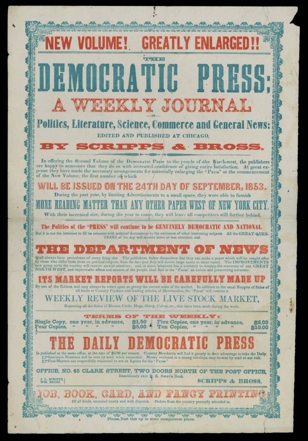 Eine Zeitung mit dem Text "Demokratische Presse: Eine Wochenzeitung" auf schwarzem Hintergrund.