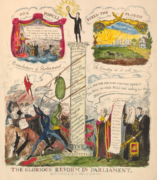 Ein buntes illustriertes Dokument mit der Überschrift "Die glorreichen Reformen im Parlament", das mutige Texte und verschiedene lächelnde Menschen zeigt, die Hoffnung und Fortschritt symbolisieren.