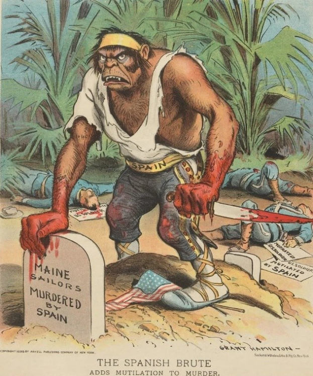 Karikatur eines Mannes mit einem Messer in der Hand, der vor einem Grab mit Text steht, umgeben von liegenden Gestalten und Bäumen, mit der Bildunterschrift "Der spanische Barbar fügt Verstümmelung dem Mord hinzu" unten.