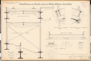 Ein detailliertes architektonisches Zeichnung des Berlin-Sienbahn-Brücken, mit strukturellen Plänen und Anmerkungen auf Papier.