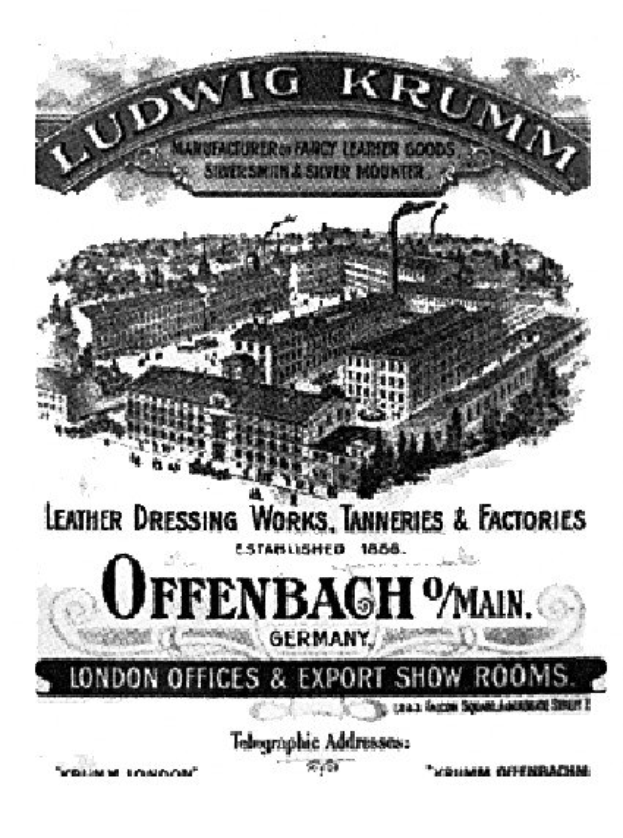 Schwarze und weiße Anzeige für Ludwig Krumm Lederpflegewerke, die ein Gebäude mit Text darauf zeigt.
