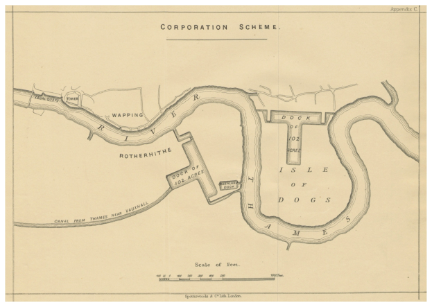 Detailiertes altes Stadtplan von London, das das Corporation-Schema einschließlich Straßen, Gebäuden und Sehenswürdigkeiten mit erklärendem Text hervorhebt.