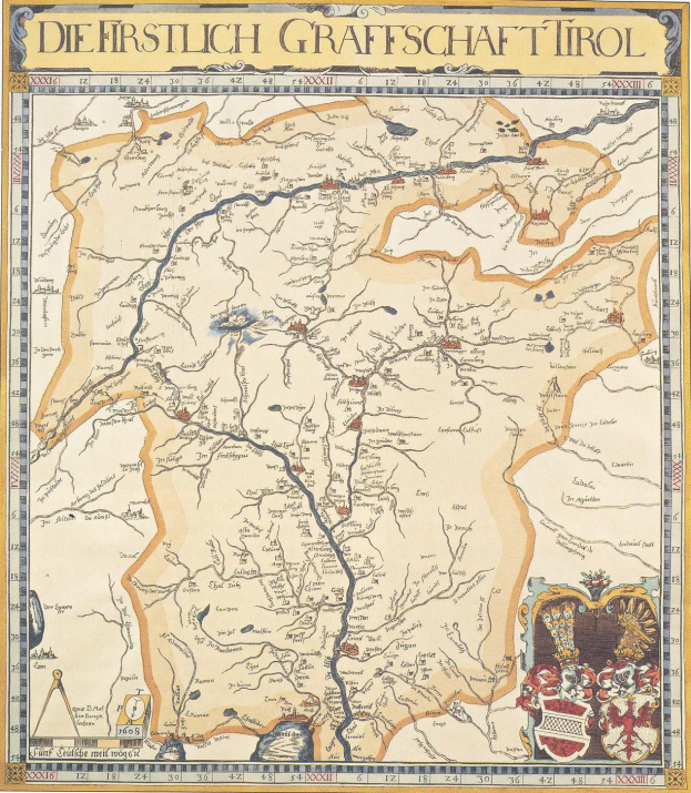 Ein detailliertes historisches Plakat der ersten Grafschaft Tirol-Karte, das geographische Merkmale wie Flüsse, Berge und Städte sowie erklärenden Text über die Region und ihre Bewohner zeigt.