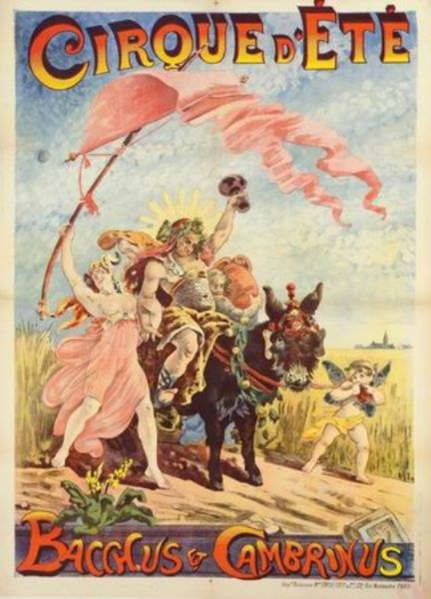 Vintage-Zirkusposter mit dem Titel 'Cirque d'Ete Bacchus & Cambrinus' mit farbenfrohen Illustrationen von Menschen, Tieren und Pflanzen.