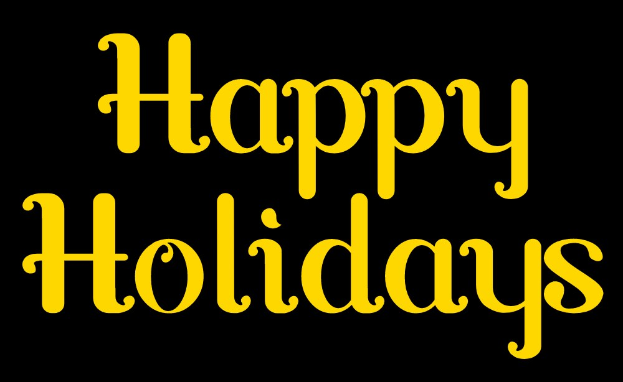 Weißlter Hintergrund mit gelbem Text, der "Fröhliche Feiertage" in einer fröhlichen, festlichen Art und Weise schreibt.