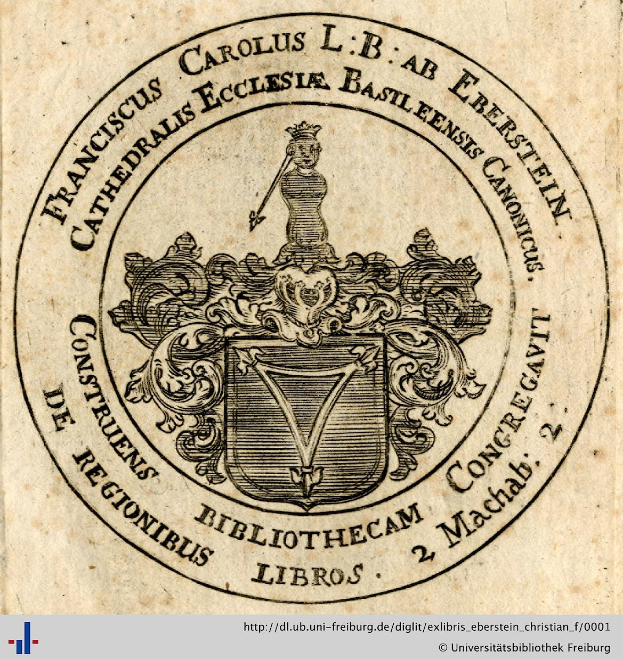 Altes Buch mit einem Wappen, das einen Schild, eine Krone, einen Lorbeerkranz und die Wörter "Bibliothek" auf einem Banner sowie den Text "Bibliotheken" darunter zeigt.