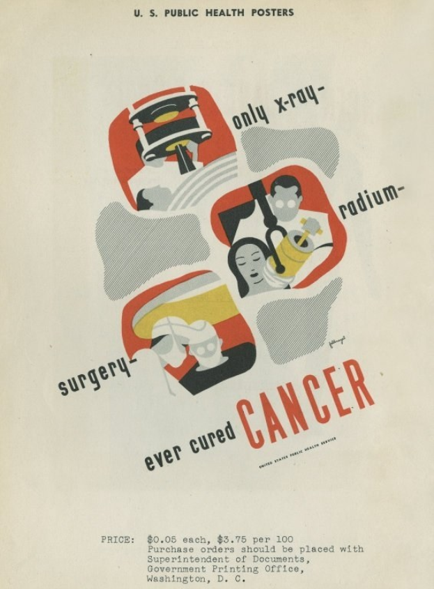 Plakat mit einem Mann in einem weißen Kittel und Stethoskop, der entschlossen aussieht, vor einem hellrosa Hintergrund mit großer weißer Schrift, die "Operationen haben Krebs noch nie geheilt."