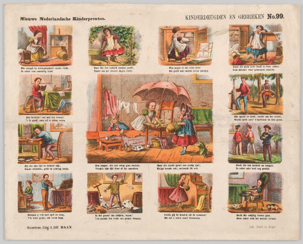 Ein abgenutztes Buch mit illustrierten Szenen von Kindern, die im Freien spielen