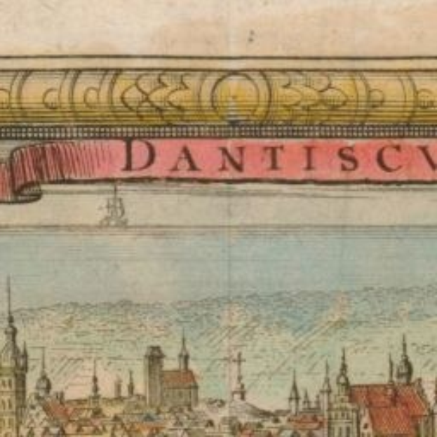 Ein altes Buch mit einer Zeichnung einer Stadtlandschaft mit Geb├Ąuden und einem Banner mit beschreibendem Text.