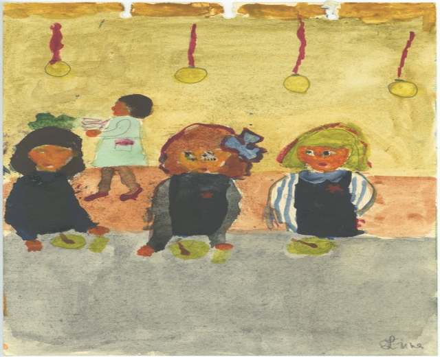 Gemälde von drei Kindern in Festkleidung, die auf einer Bank vor einer Wand mit Weihnachtschmuck, bunten Orchideen und anderen Festdekorationen sitzen und strahlen.