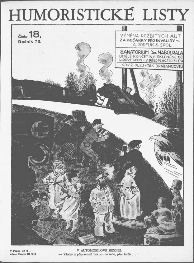 Schwarz-weiß-Zeichnung von Menschen, die auf einen Zug schauen, mit "humoristische liste 18" auf einem Blatt Papier.