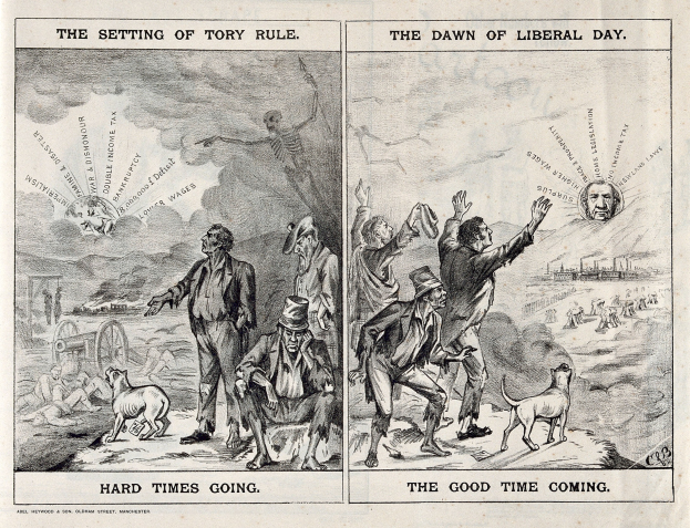 Schwarze und weiße Illustration einer historischen Szene mit Menschen, Tieren und Gegenständen, die den Übergang von Tory-Regierung zu liberaler Regierung darstellen.