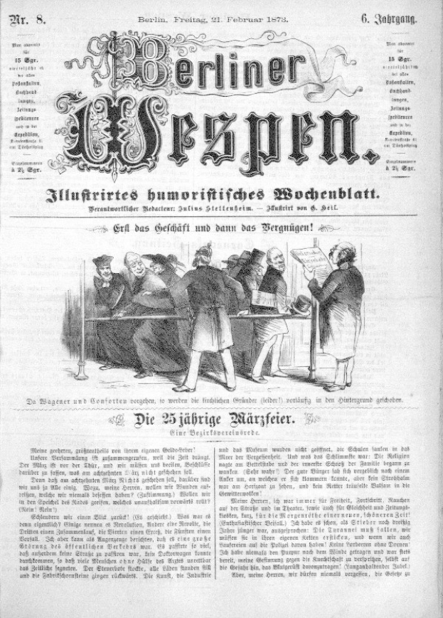 Alte deutsche Zeitung 'Berliner Wespen' vom 21. Februar 1873 mit einer Gruppe von Menschen in traditioneller deutscher Kleidung, die sich unterhält, mit deutscher Text, der das Ereignis wahrscheinlich beschreibt.